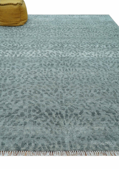 Custom Made Silver and Gray Leopard Print Hand Knotted Wool Rug.