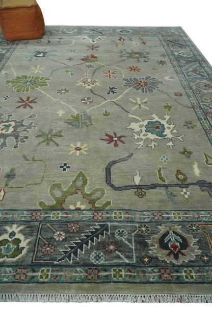 Custom Made Silver and Gray Oushak Hand Knotted Traditional Wool Rug.