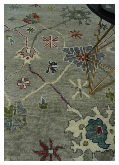 Custom Made Silver and Gray Oushak Hand Knotted Traditional Wool Rug.
