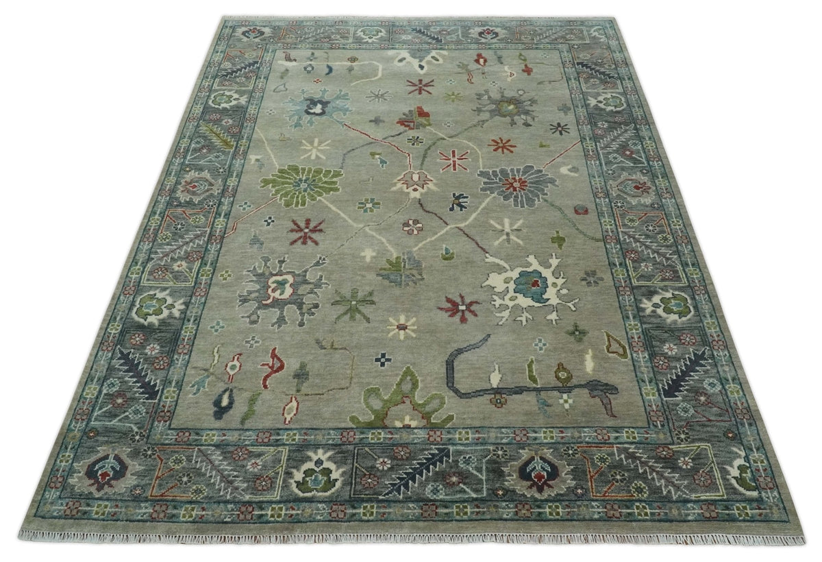 Custom Made Silver and Gray Oushak Hand Knotted Traditional Wool Rug.