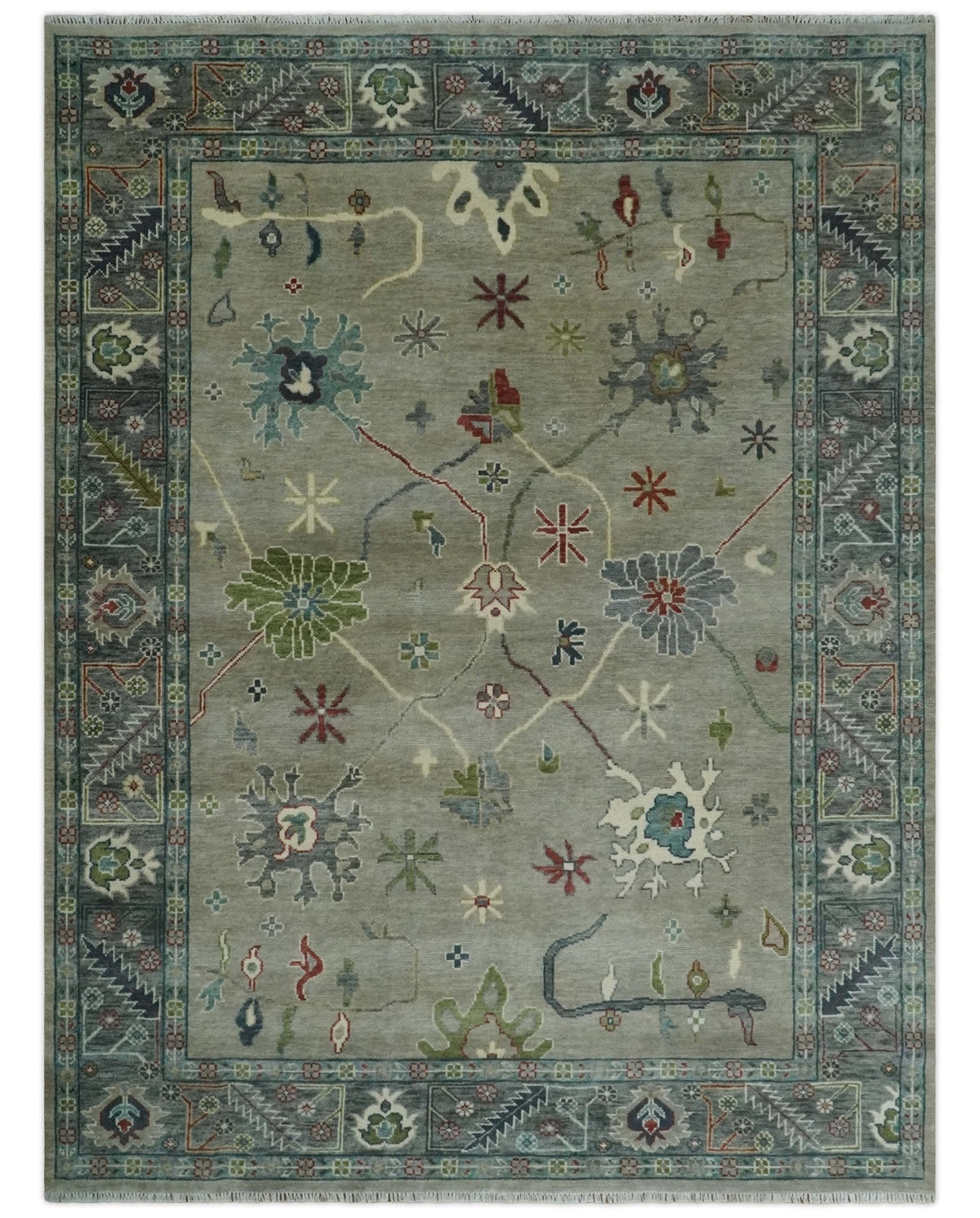 Custom Made Silver and Gray Oushak Hand Knotted Traditional Wool Rug.