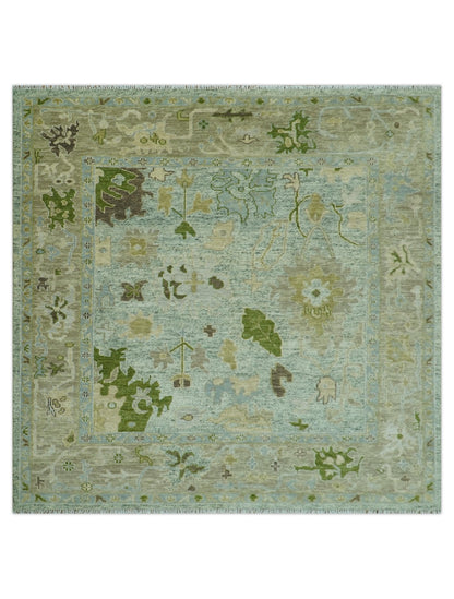 Custom Made Silver and Green Hand Knotted Traditional Oushak wool area rug.