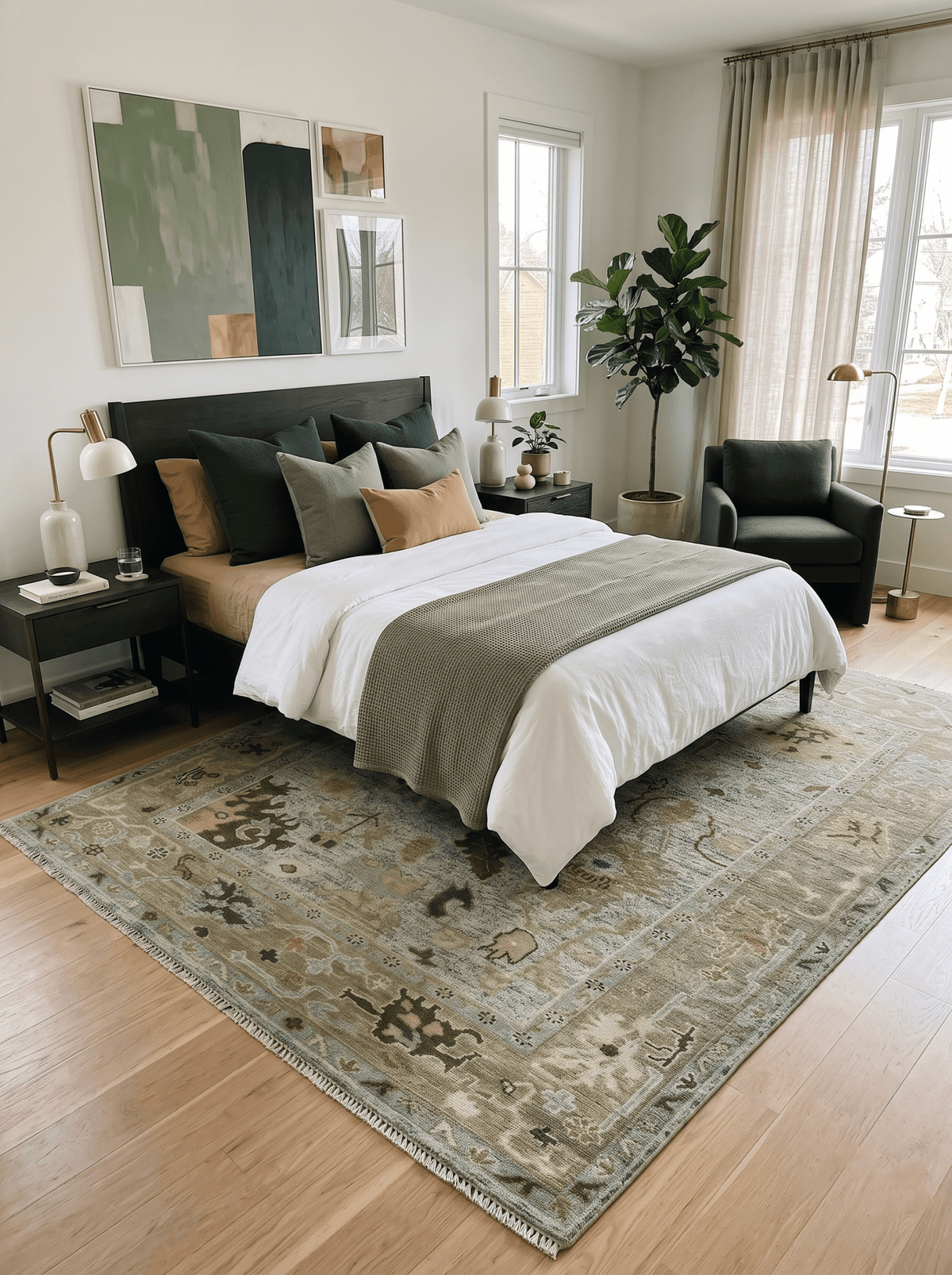 Custom Made Silver and Green Hand Knotted Traditional Oushak wool area rug.