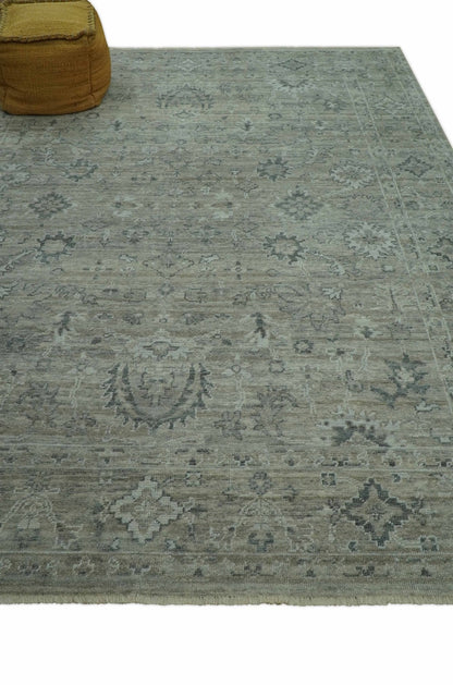 Custom Made Silver Brown Traditional Transitional Hand Knotted Wool Rug.