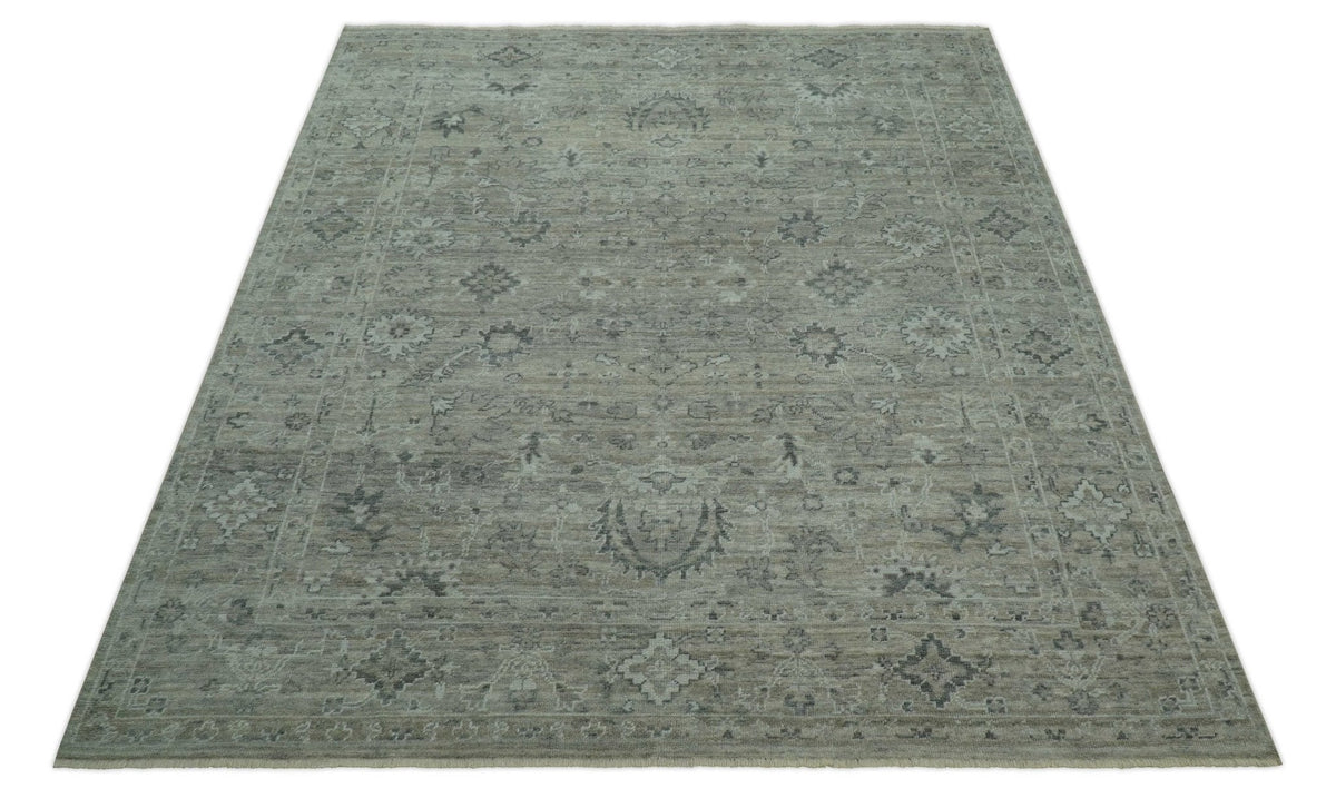 Custom Made Silver Brown Traditional Transitional Hand Knotted Wool Rug.