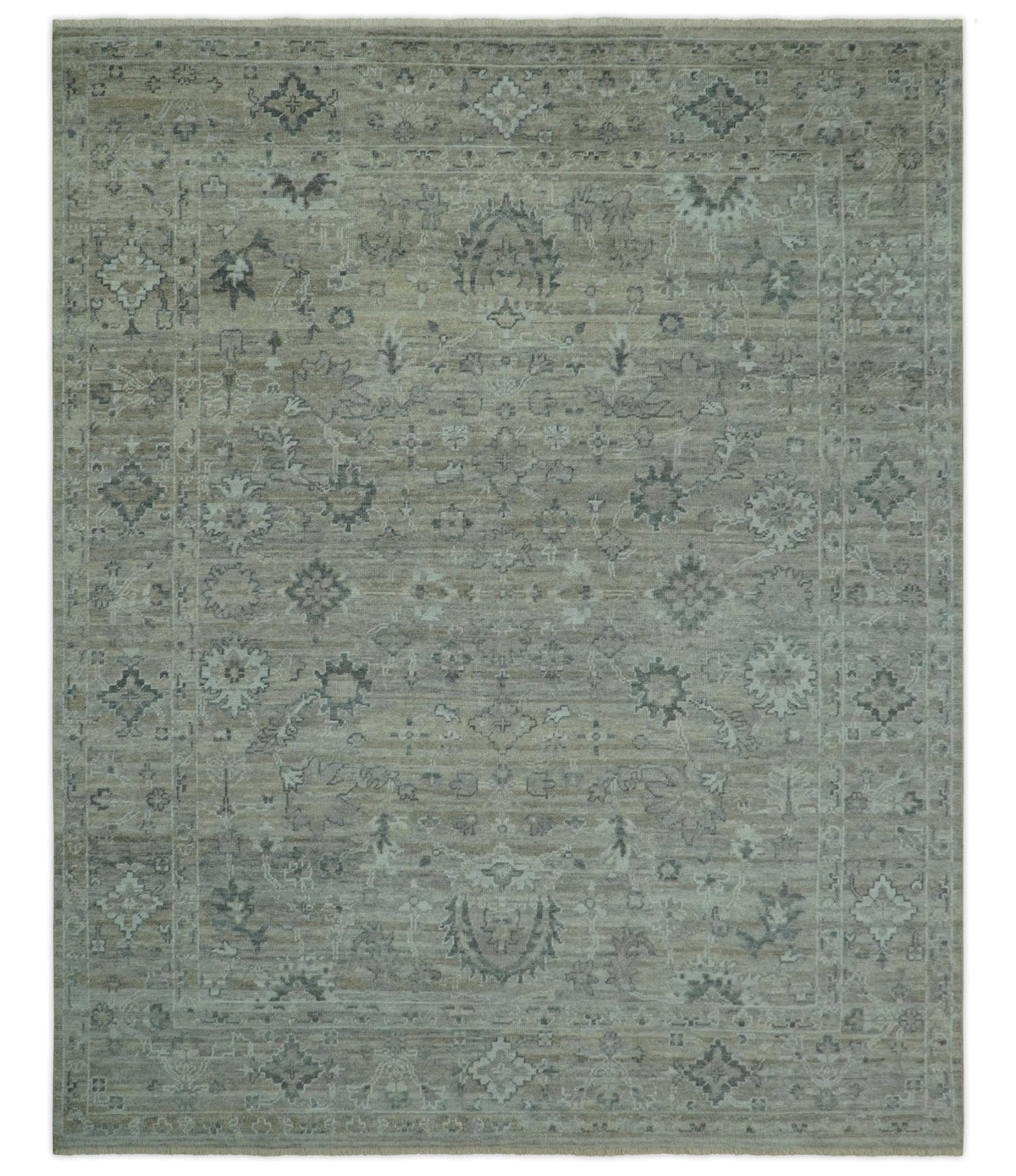 Custom Made Silver Brown Traditional Transitional Hand Knotted Wool Rug.