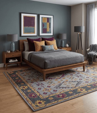 Custom Made Silver, Charcoal and Purple Traditional Oriental Hand Knotted wool Rug.