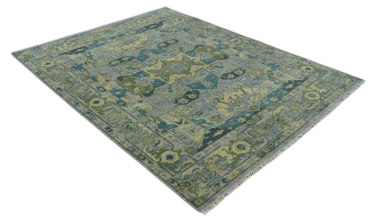 Custom Made Silver, Moss Green and Blue Heriz Traditional wool Area Rug.