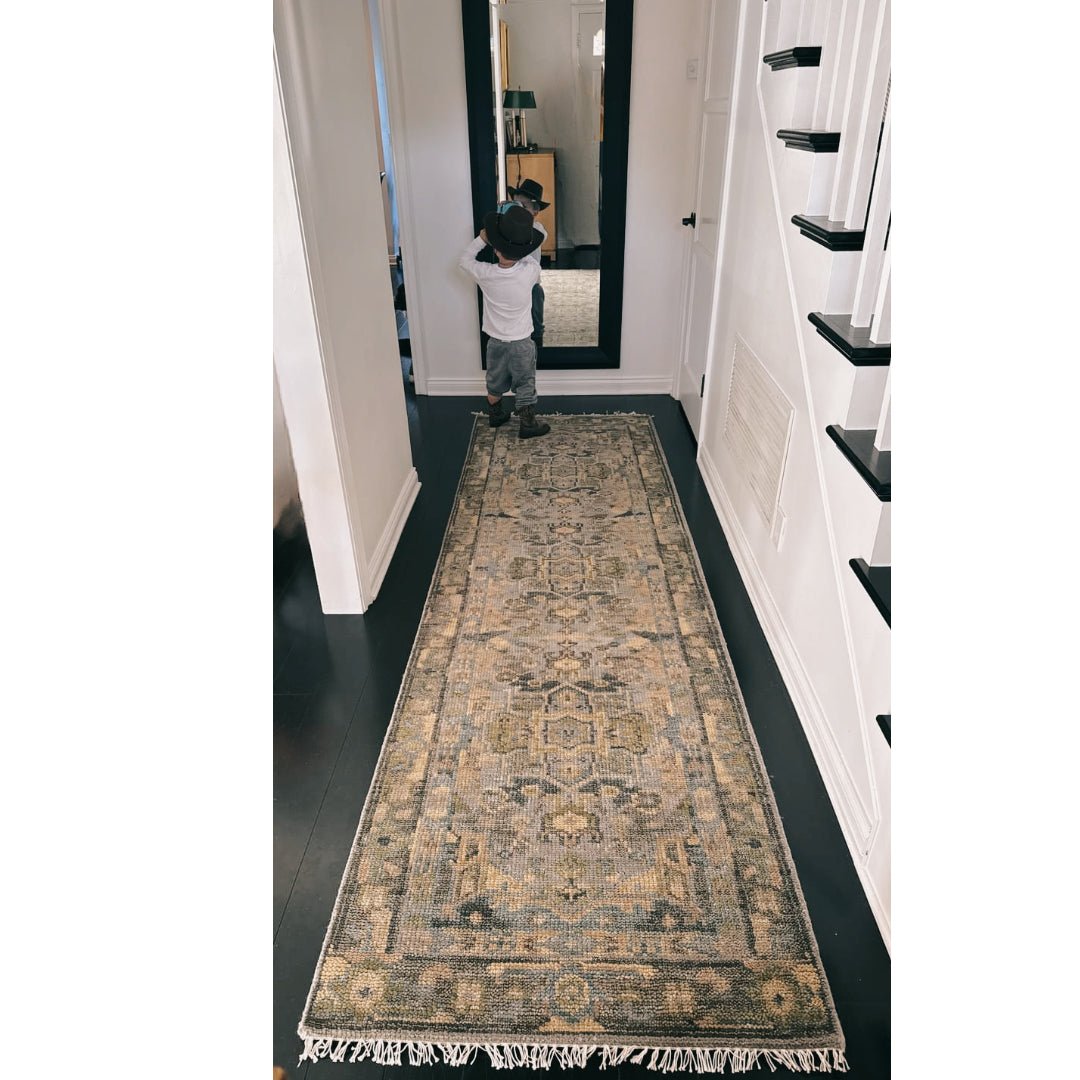 Custom Made Silver, Moss Green and Blue Heriz Traditional wool Area Rug.