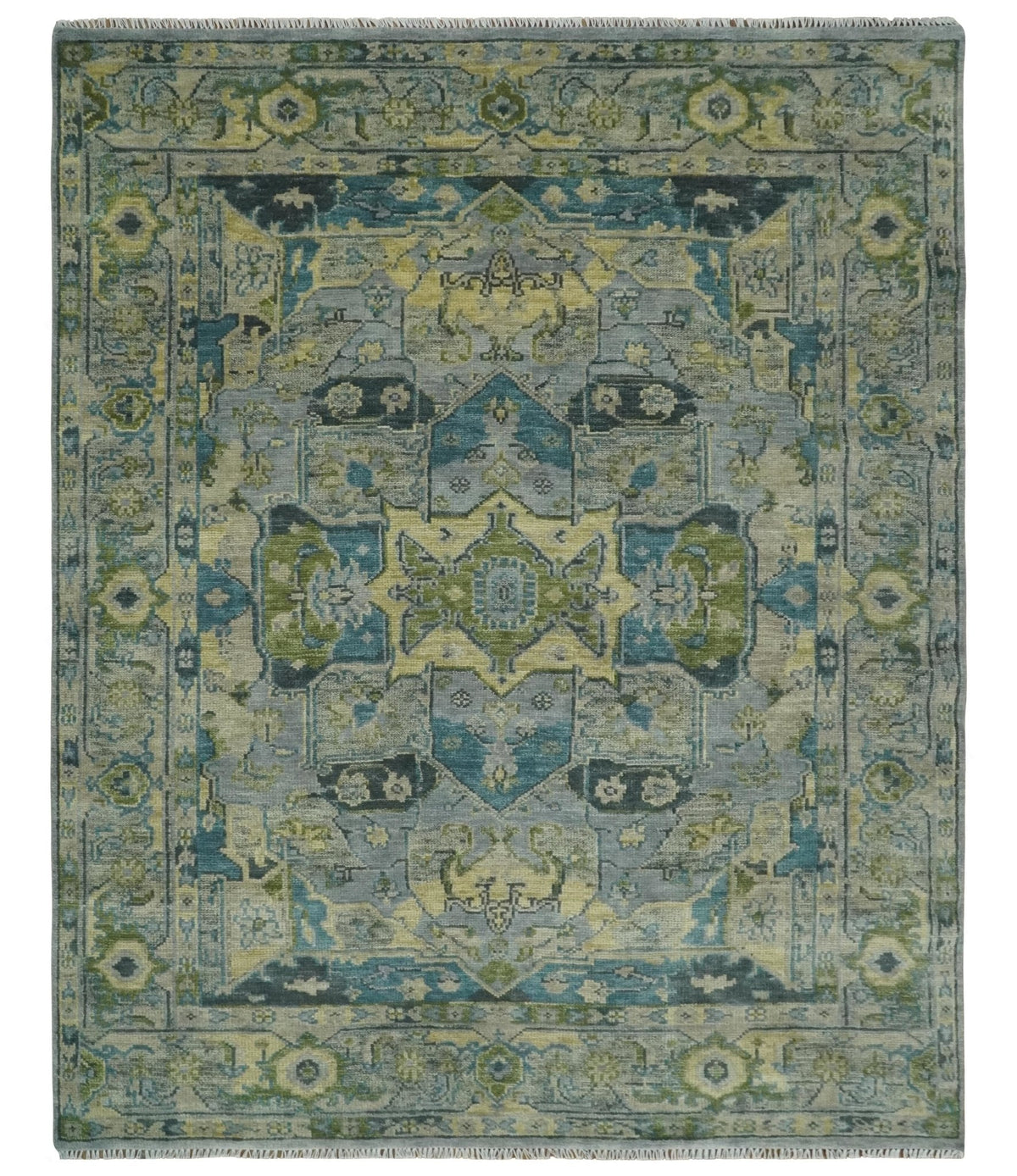 Custom Made Silver, Moss Green and Blue Heriz Traditional wool Area Rug.