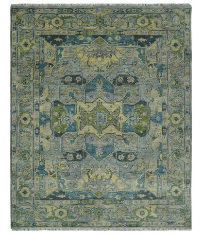 Custom Made Silver, Moss Green and Blue Heriz Traditional wool Area Rug.