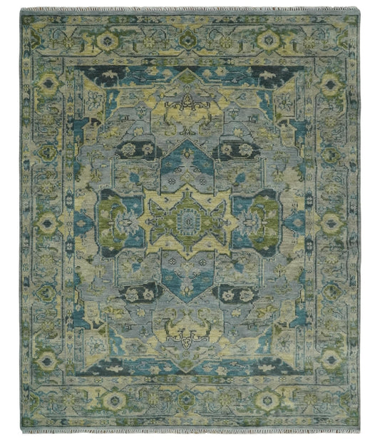 Custom Made Silver, Moss Green and Blue Heriz Traditional wool Area Rug.