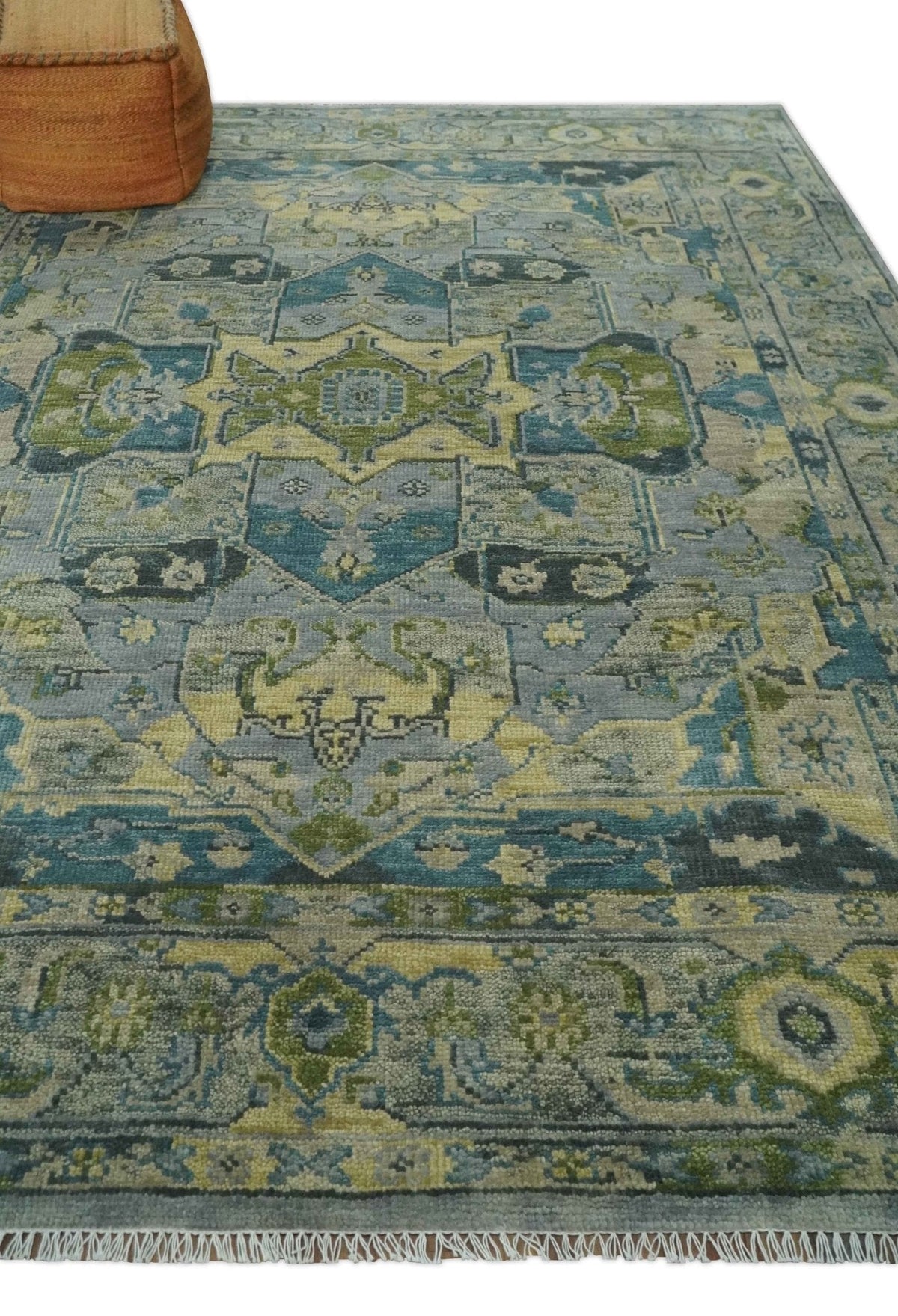 Custom Made Silver, Moss Green and Blue Heriz Traditional wool Area Rug.
