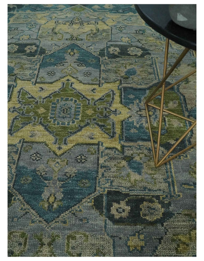 Custom Made Silver, Moss Green and Blue Heriz Traditional wool Area Rug.