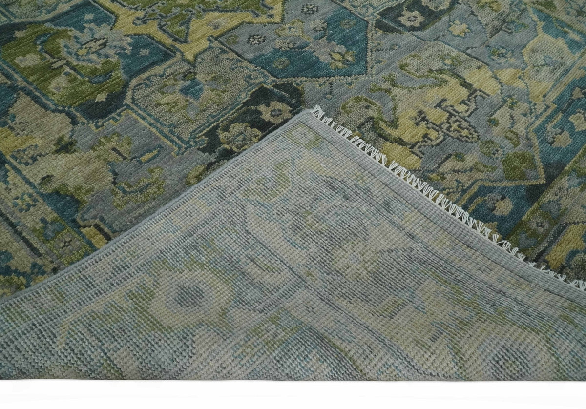 Custom Made Silver, Moss Green and Blue Heriz Traditional wool Area Rug.