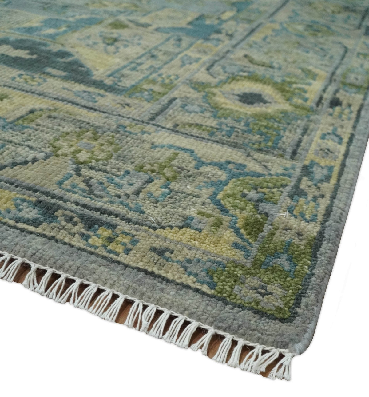 Custom Made Silver, Moss Green and Blue Heriz Traditional wool Area Rug.