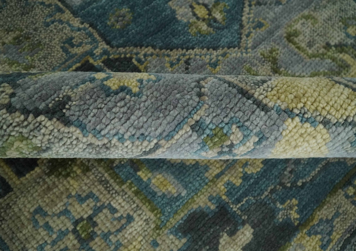Custom Made Silver, Moss Green and Blue Heriz Traditional wool Area Rug.