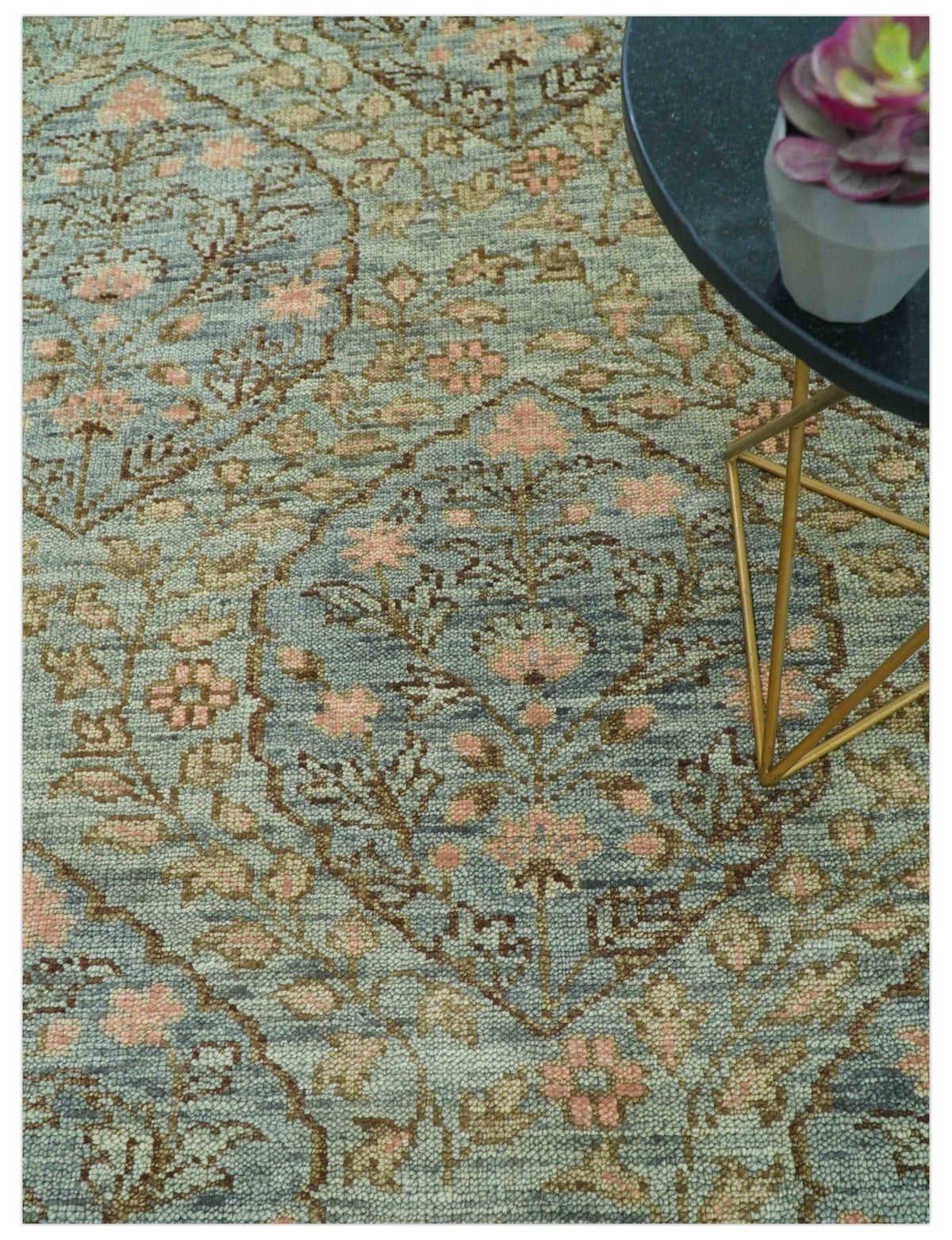 Custom Made Silver, Pink And Brown Floral Motifs Design Hand Knotted wool area rug.