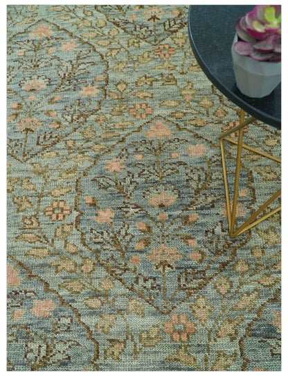 Custom Made Silver, Pink And Brown Floral Motifs Design Hand Knotted wool area rug.