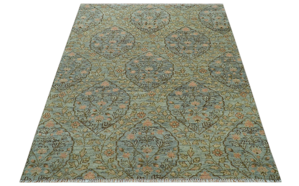 Custom Made Silver, Pink And Brown Floral Motifs Design Hand Knotted wool area rug.