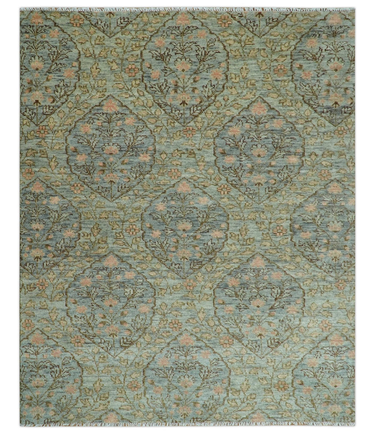 Custom Made Silver, Pink And Brown Floral Motifs Design Hand Knotted wool area rug.