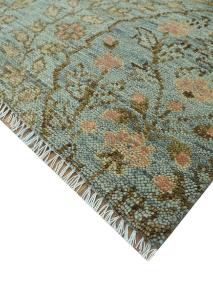 Custom Made Silver, Pink And Brown Floral Motifs Design Hand Knotted wool area rug.
