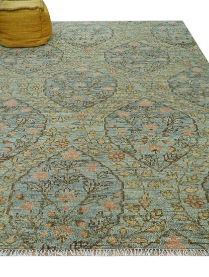 Custom Made Silver, Pink And Brown Floral Motifs Design Hand Knotted wool area rug.