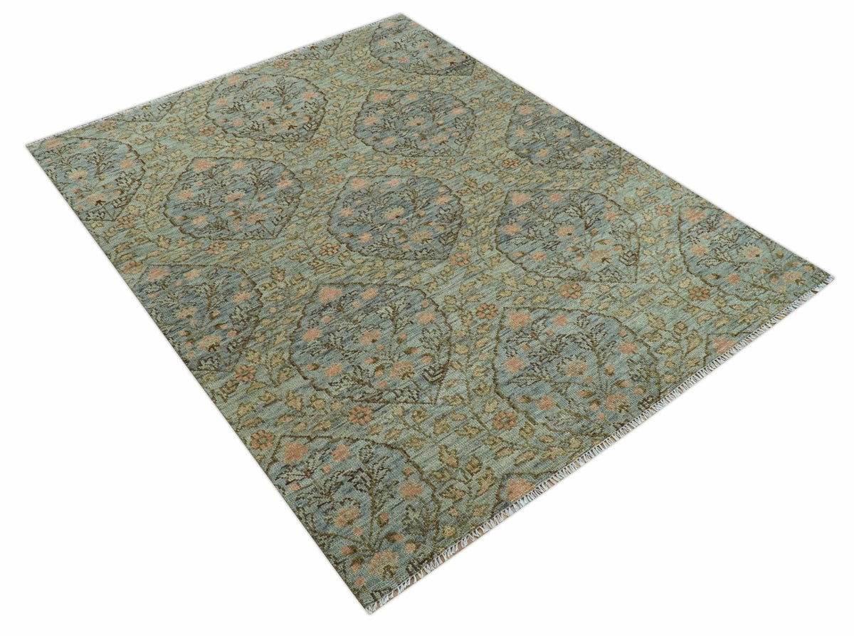 Custom Made Silver, Pink And Brown Floral Motifs Design Hand Knotted wool area rug.