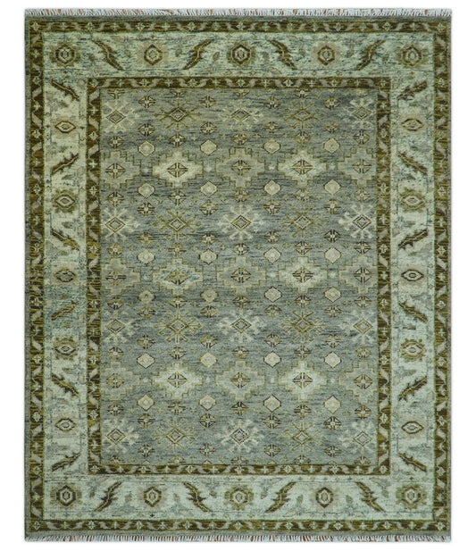 Custom Made Silver Traditional Heriz Design Hand Knotted wool area rug.