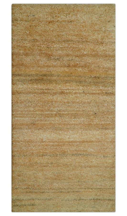 Custom Made Solid Design Camel Hand Knotted Wool Area Rug.