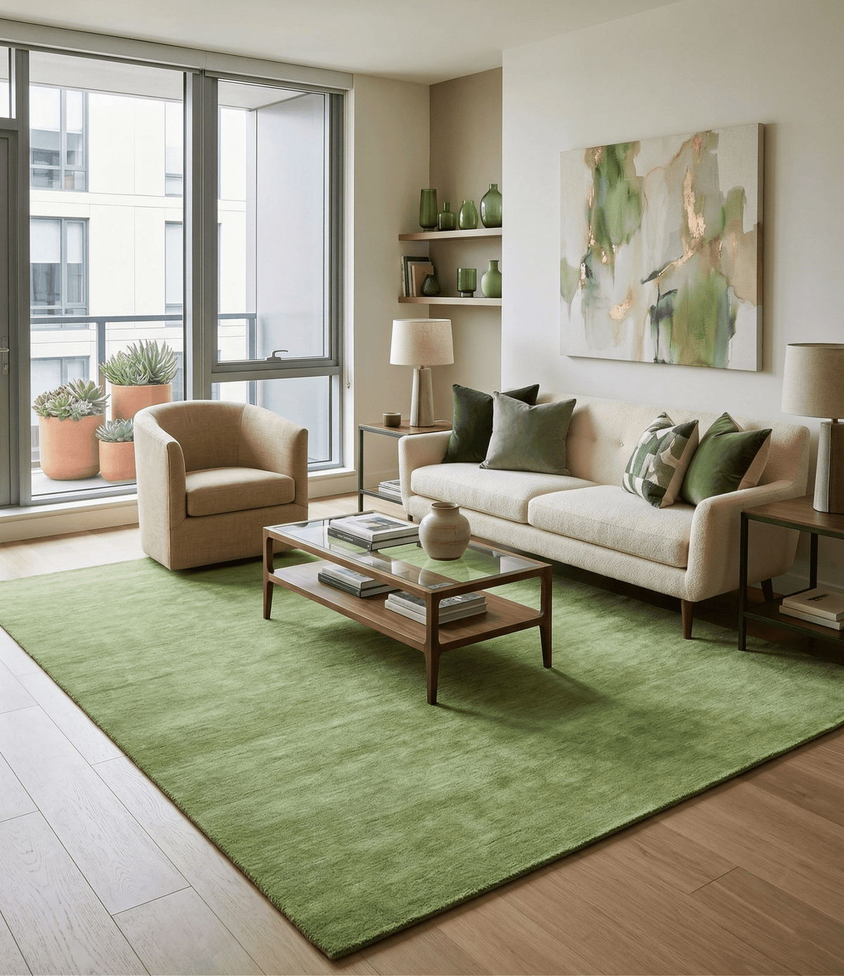 Custom Made solid Green Woolen Hand Tufted contemporary area Rug.