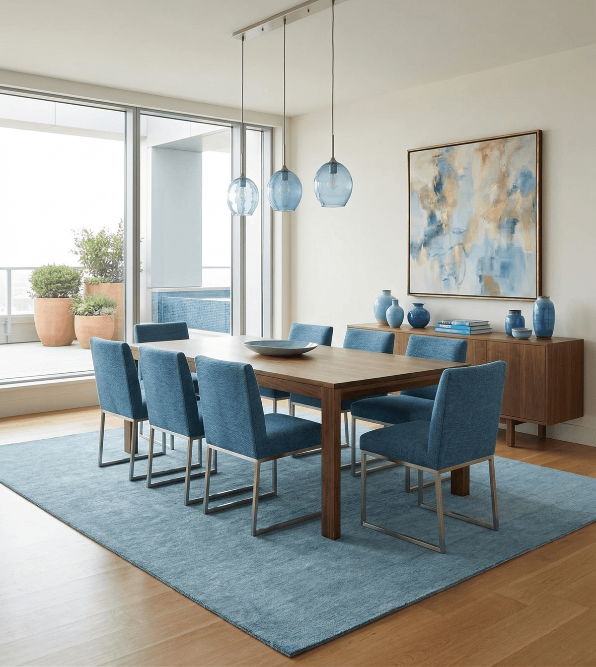 Custom Made Solid Plane Light Blue Woolen Hand Tufted wool area Rug.