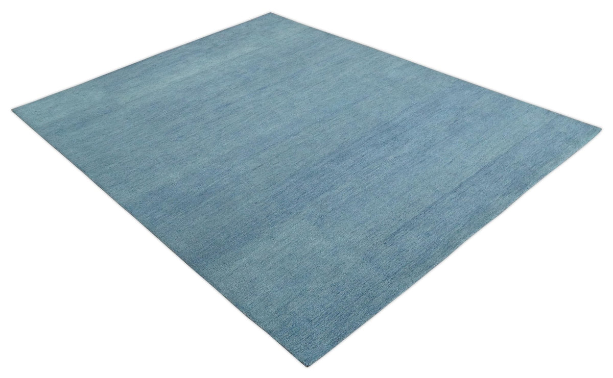 Custom Made Solid Plane Light Blue Woolen Hand Tufted wool area Rug.