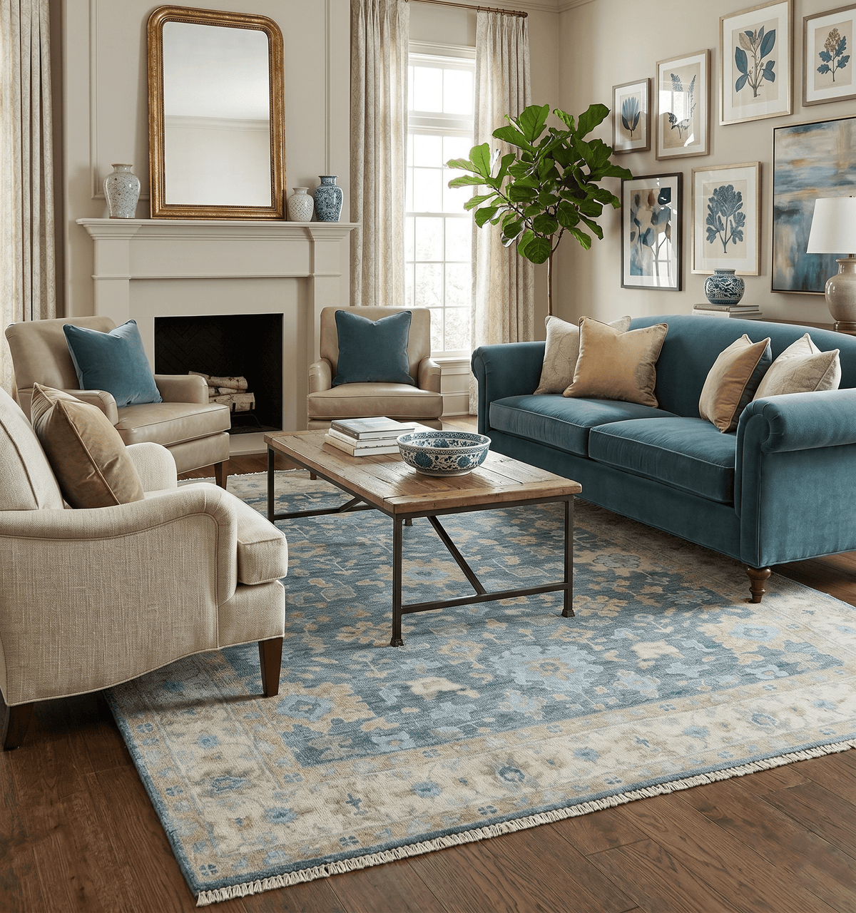 Custom Made Teal and Beige Hand Knotted Oriental Oushak Wool Area Rug.