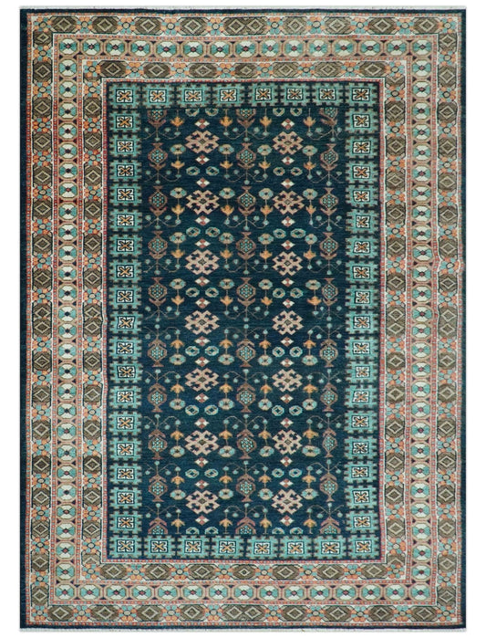 Custom Made Teal And Brown Traditional Tribal Design Hand Knotted Wool Rug.