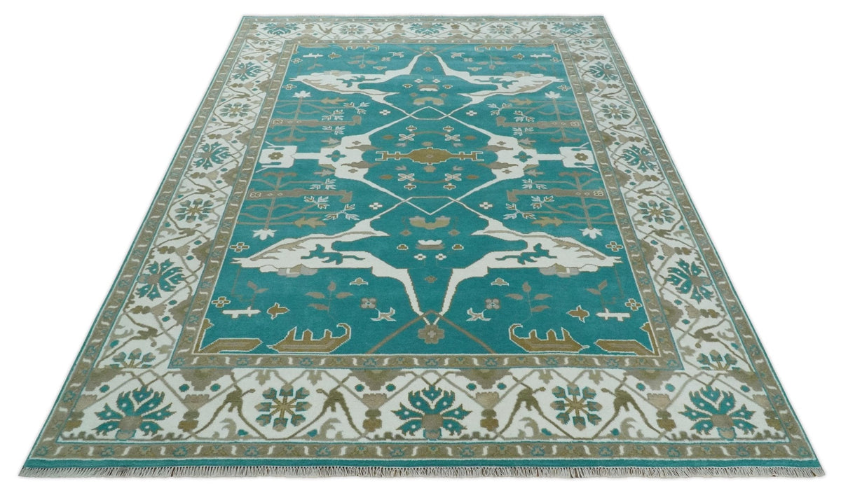 Custom Made Teal and Ivory Hand knotted Oriental Oushak Multi Size wool Area Rug.