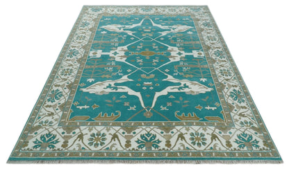 Custom Made Teal and Ivory Hand knotted Oriental Oushak Multi Size wool Area Rug.