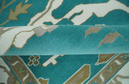 Custom Made Teal and Ivory Hand knotted Oriental Oushak Multi Size wool Area Rug.