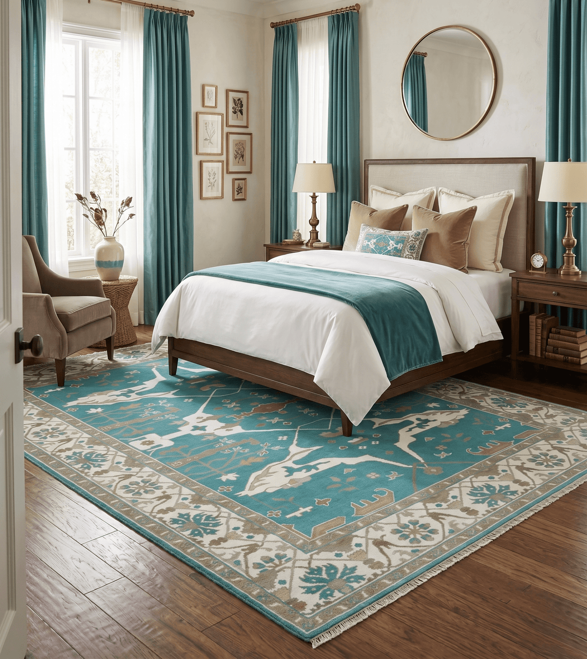 Custom Made Teal and Ivory Hand knotted Oriental Oushak Multi Size wool Area Rug.