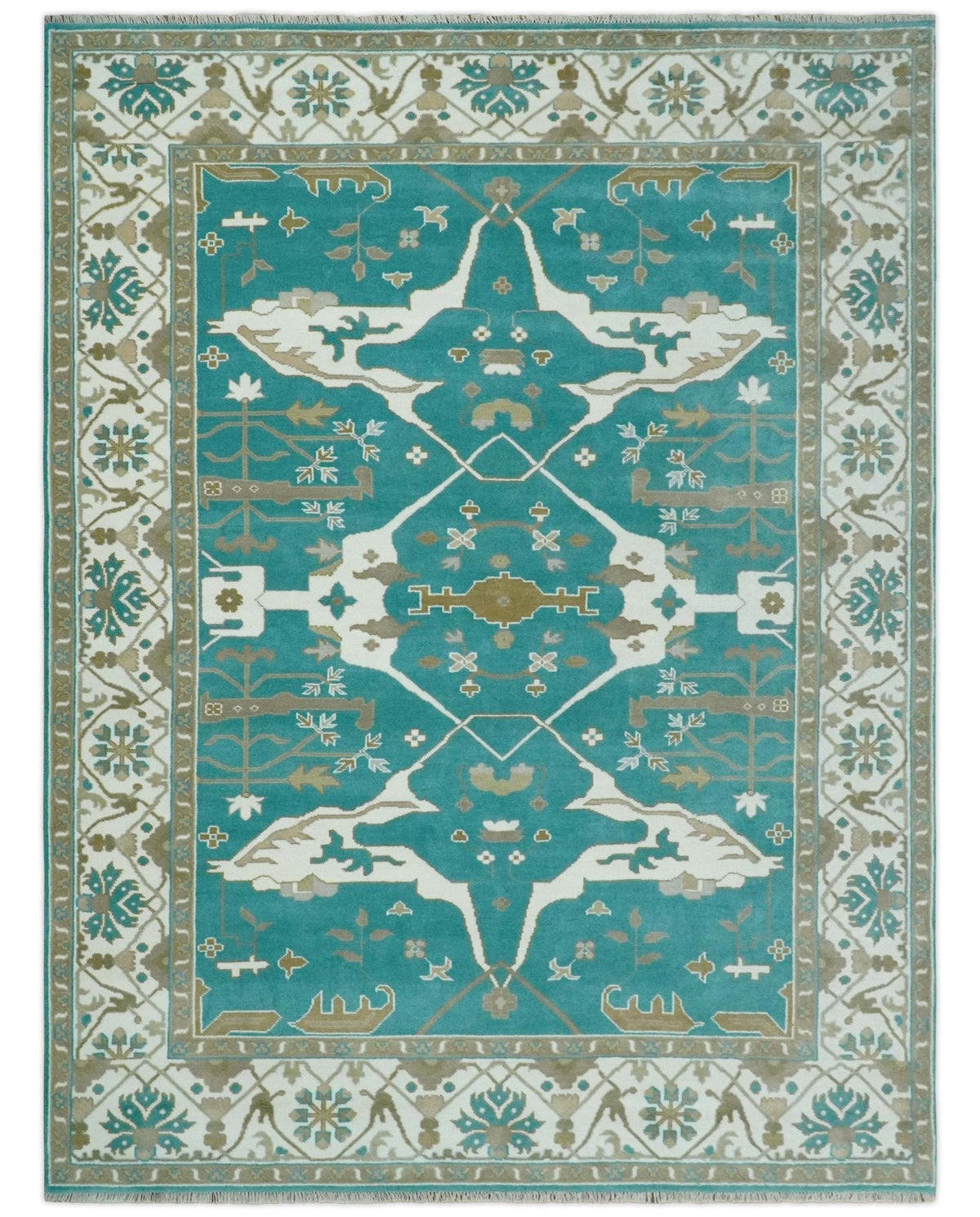 Custom Made Teal and Ivory Hand knotted Oriental Oushak Multi Size wool Area Rug.
