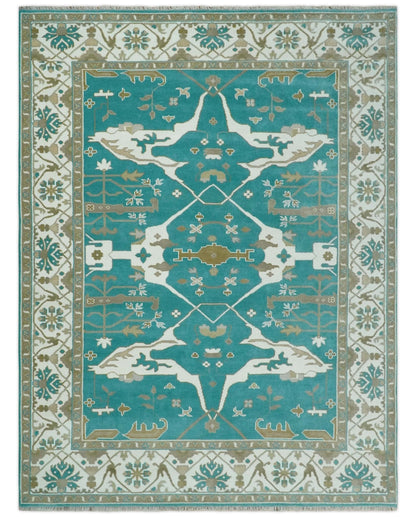 Custom Made Teal and Ivory Hand knotted Oriental Oushak Multi Size wool Area Rug.