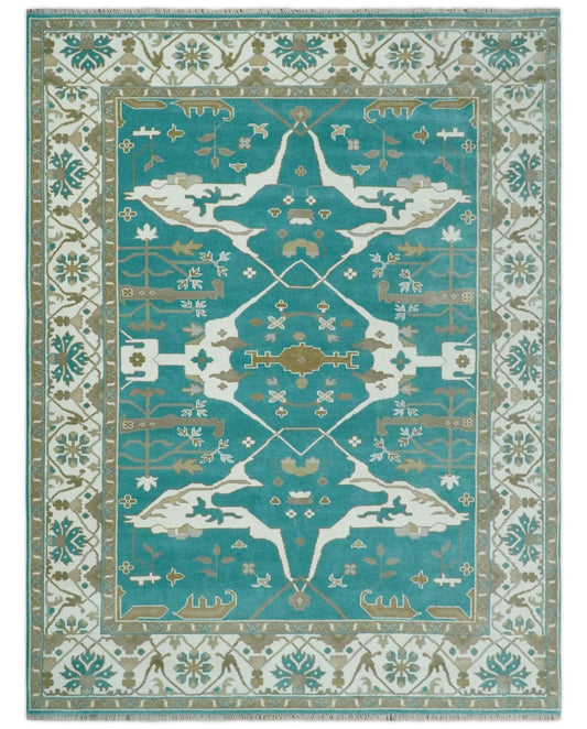 Custom Made Teal and Ivory Hand knotted Oriental Oushak Multi Size wool Area Rug.