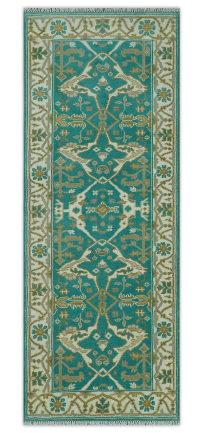 Custom Made Teal and Ivory Hand knotted Oriental Oushak Multi Size wool Area Rug.