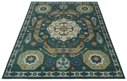 Custom Made Teal and Ivory Hand Knotted Traditional Mamluk Design wool Rug.