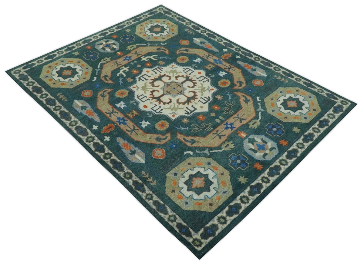 Custom Made Teal and Ivory Hand Knotted Traditional Mamluk Design wool Rug.