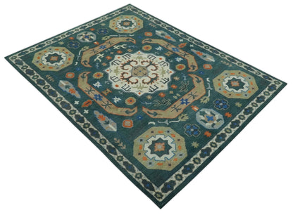 Custom Made Teal and Ivory Hand Knotted Traditional Mamluk Design wool Rug.
