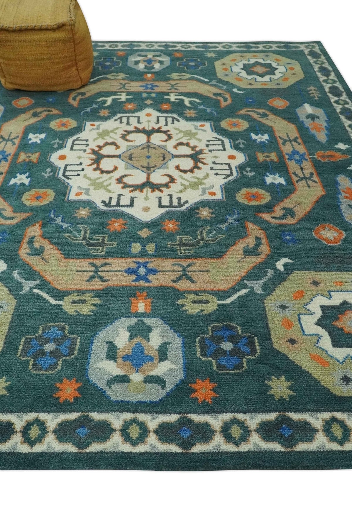 Custom Made Teal and Ivory Hand Knotted Traditional Mamluk Design wool Rug.