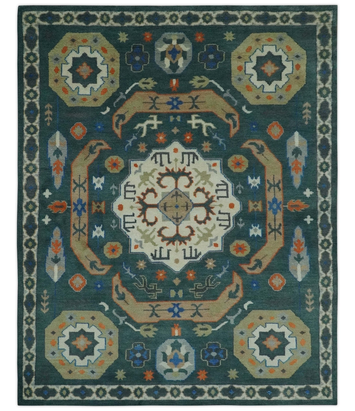 Custom Made Teal and Ivory Hand Knotted Traditional Mamluk Design wool Rug.