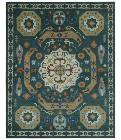 Custom Made Teal and Ivory Hand Knotted Traditional Mamluk Design wool Rug.