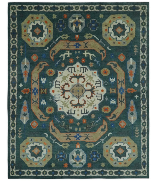 Custom Made Teal and Ivory Hand Knotted Traditional Mamluk Design wool Rug.